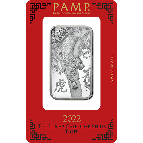 瑞士-2022-PAMP生肖虎年99.9%壓鑄銀條1盎司