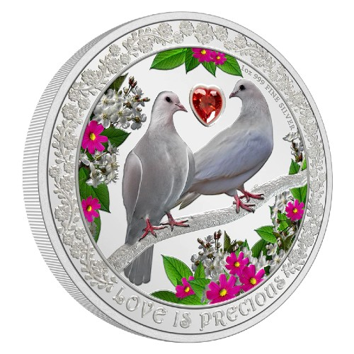 紐埃2022和諧的愛---鴿子彩色鑲晶99.9%精鑄銀幣1盎司