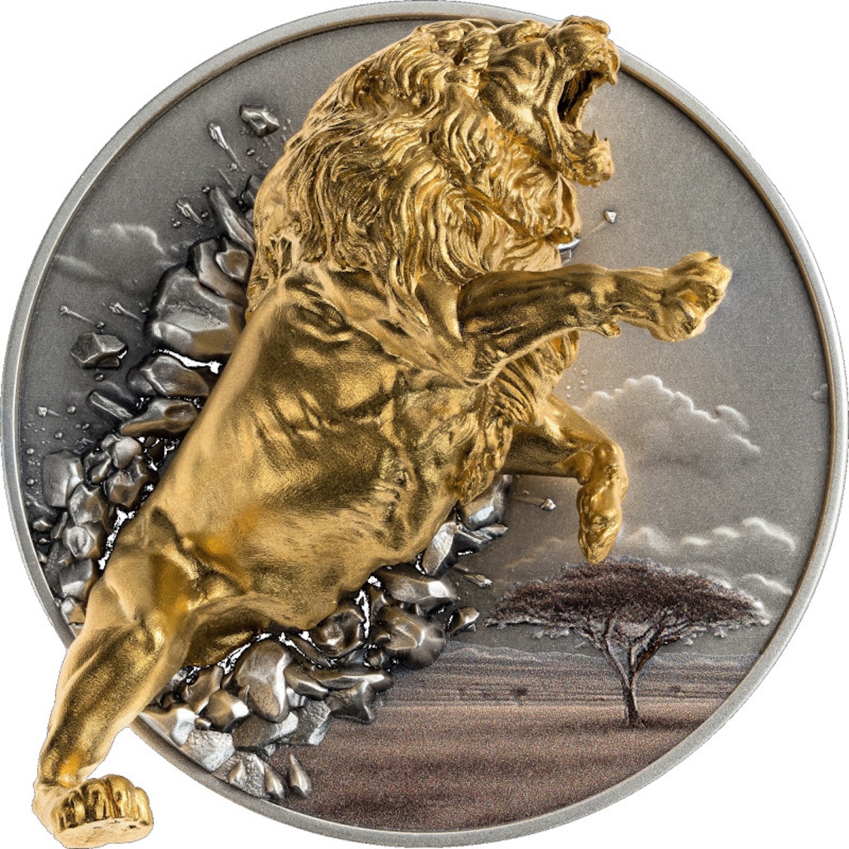 Burundi 2026 Dynamic Dimension - Lion 99.9%  Antiqued Silver 3D Coin 5oz with Gold Plating