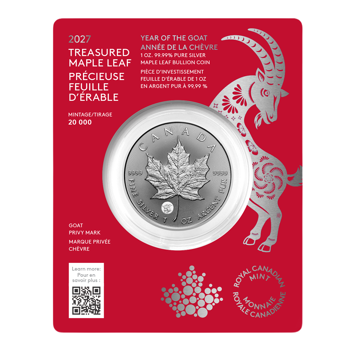 Canada 2027 Treasured Silver Maple Leaf: Year of the Goat 99.99% Bullion Silver 1oz (in Card)