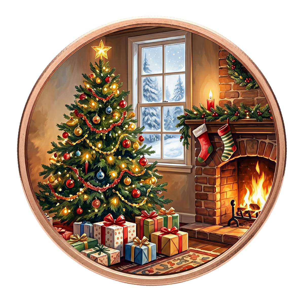 Scottsdale Mint 2026 Christmas by the Fireplace 99.9% Coloured Copper Round 1oz