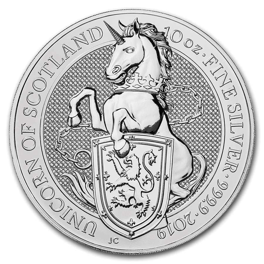 英國2019英女皇神獸系列---蘇格蘭獨角獸99.99%普制銀幣10盎司