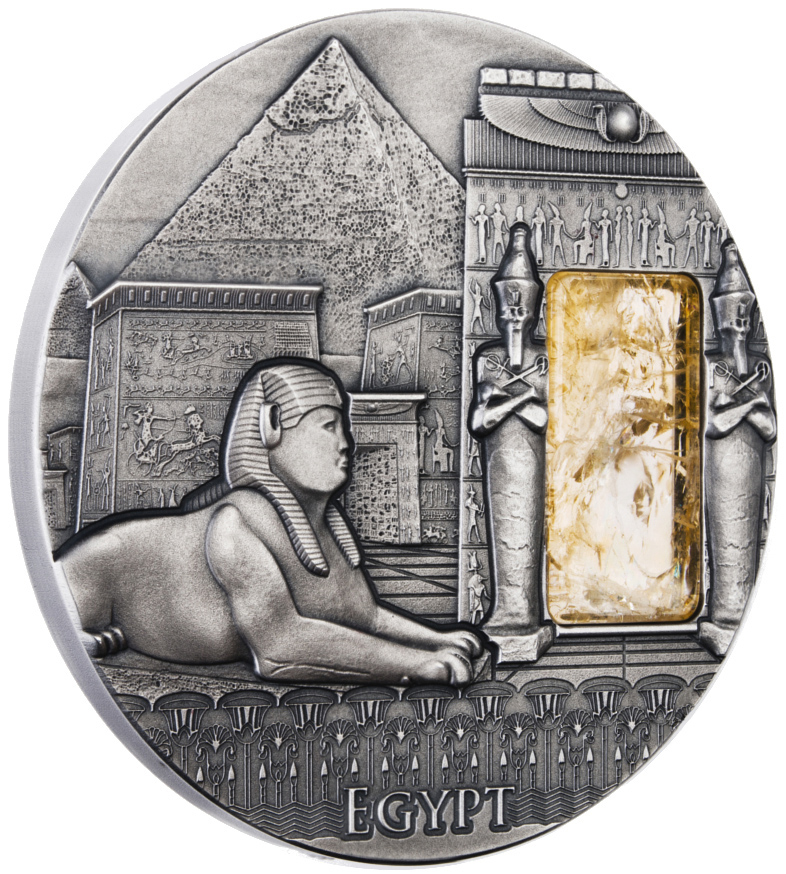 紐埃2015皇室藝術系列---埃及高浮雕仿古茶晶石銀幣2盎司