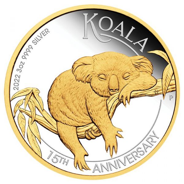 澳洲2022树熊15周年99.99%精铸镀金银币3盎司